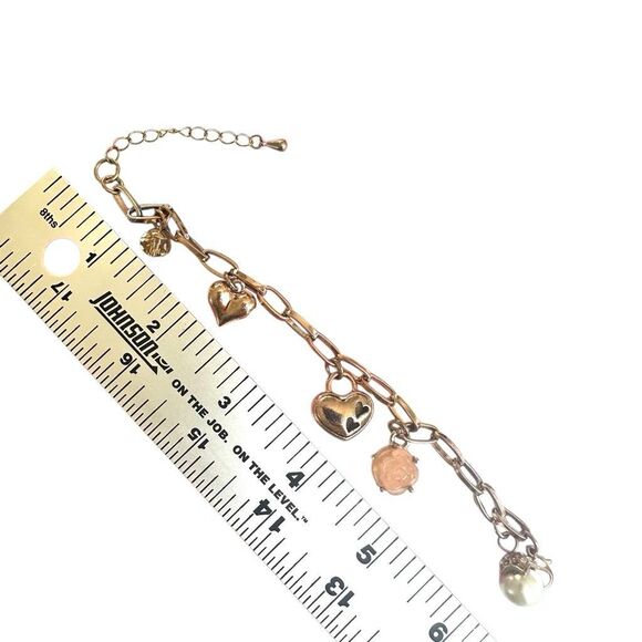 Rose Gold-Tone Charm Bracelet with Hearts,  faux Pearl & Carved Rose - Picture 7 of 8